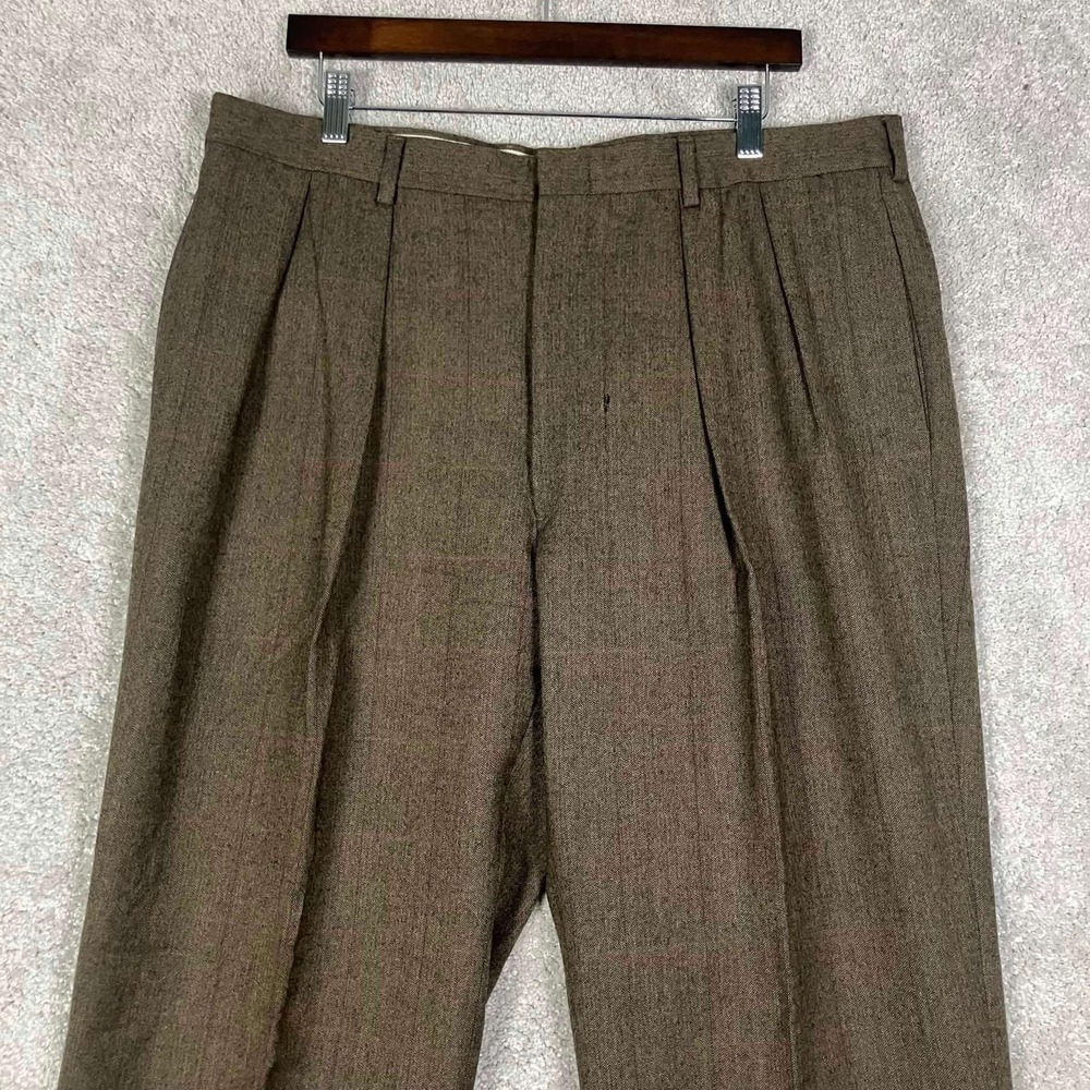 Vintage Brooks Brothers Dress Pants Mens 36x32 Brown Wool Pleated Windowpane USA - Picture 2 of 16
